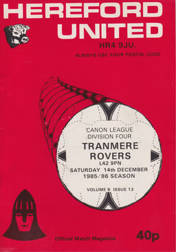 Hereford United v Tranmere Rovers Match Programme 1985-12-14